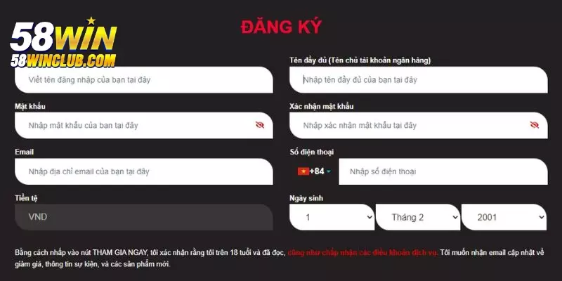 Điền các thông tin theo yêu cầu trong form